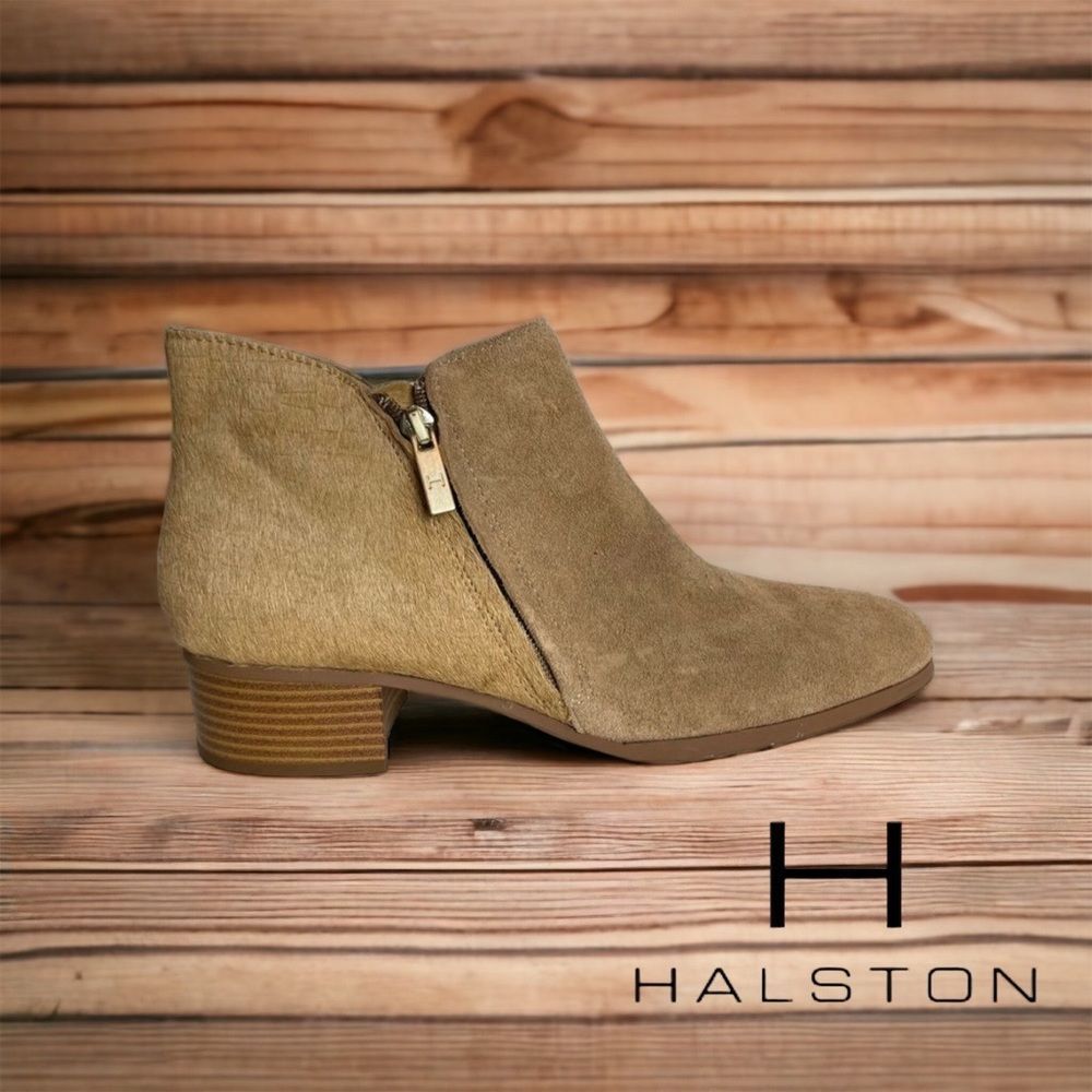 H by Halston LANA Tan Suede and Calf Hair Ankle Boot - Size 9